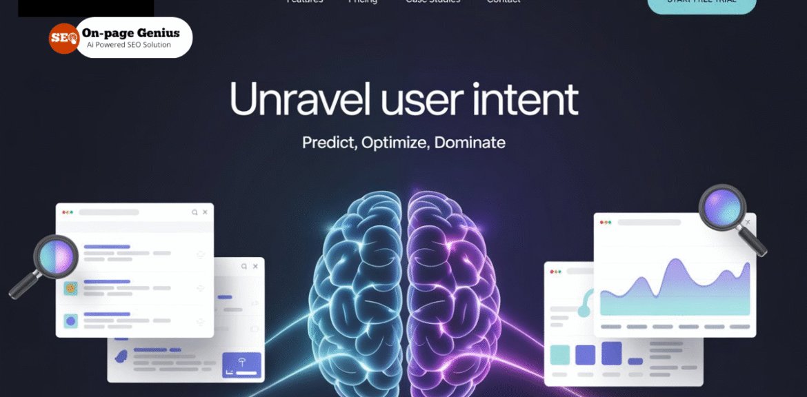A futuristic digital interface showing a brain made of interconnected data nodes and keywords, glowing with blue and purple lights. In the background, a search engine results page (SERP) is transforming with AI-powered graphs, charts, and magnifying glass icons. The environment feels intelligent, clean, and tech-forward, symbolizing semantic understanding and user intent in modern SEO. Flat vector style or semi-realistic, ideal for a tech blog hero image.